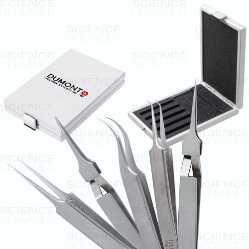 Dumont Set of 5 Tweezers, Biological Grade, Dumoxel, incl. Storage Box - Set